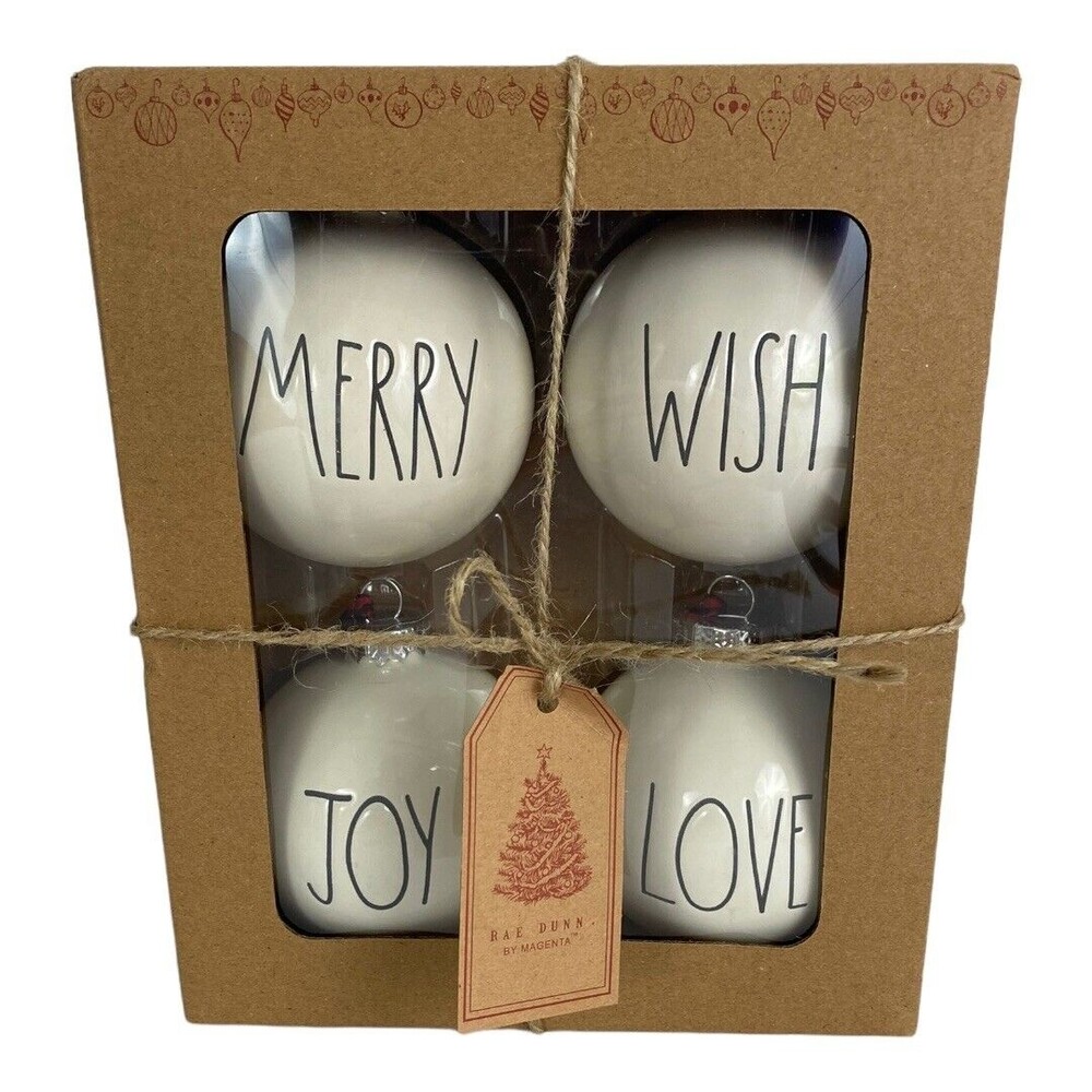 Rae Dunn Christmas Ornaments  White Ceramic 4 Balls Wish Merry Joy Love NEW